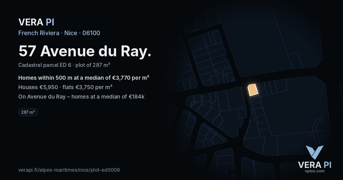 57 Avenue du Ray, Nice at night – the plot lit, the parcels around coloured by the prices near them