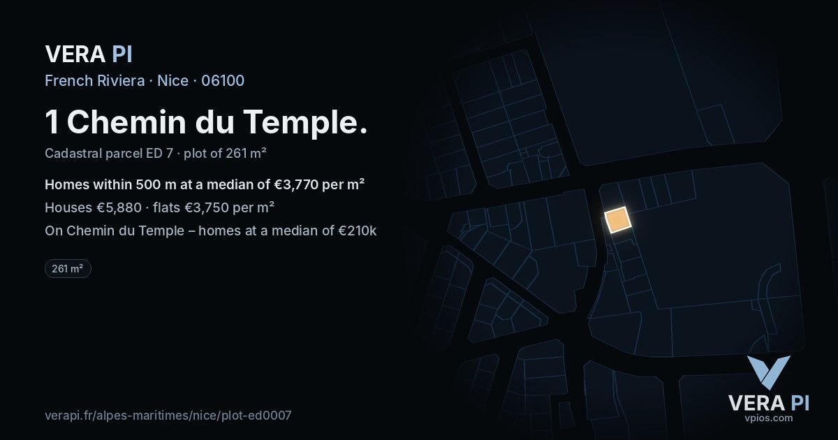 1 Chemin du Temple, Nice at night – the plot lit, the parcels around coloured by the prices near them
