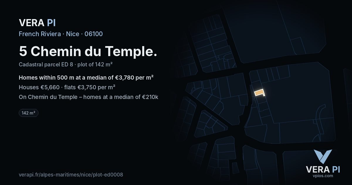 5 Chemin du Temple, Nice at night – the plot lit, the parcels around coloured by the prices near them