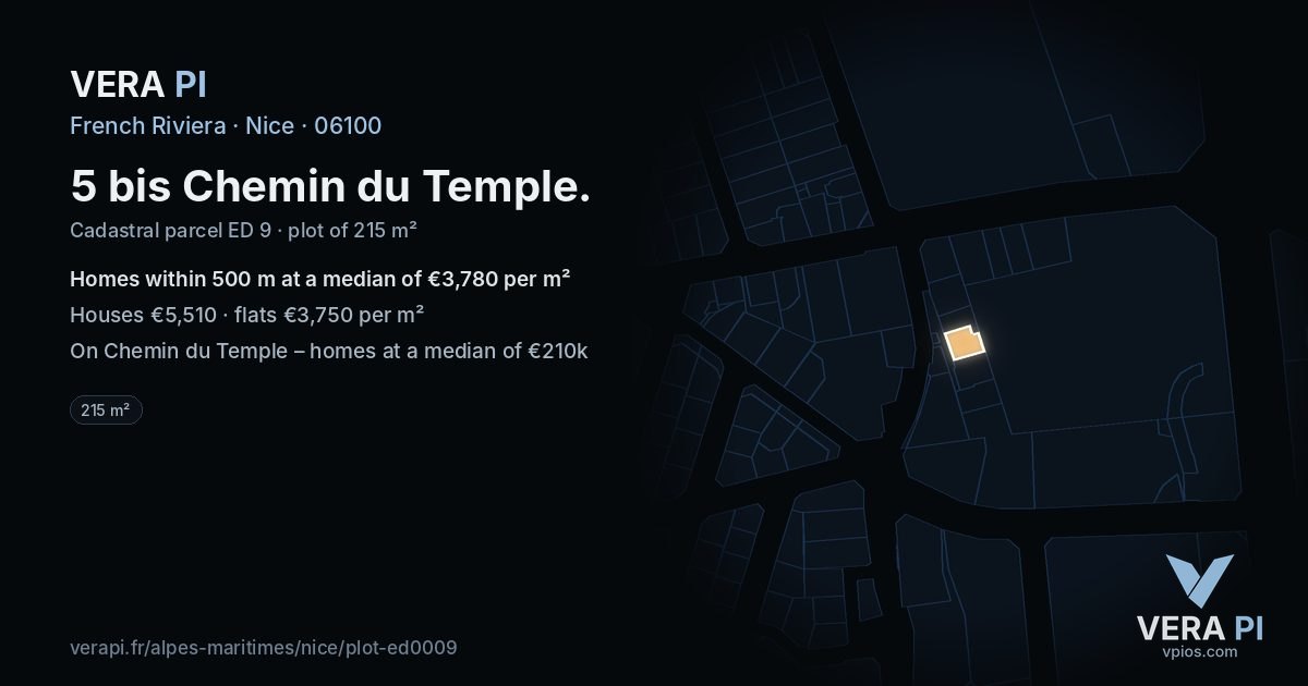 5 bis Chemin du Temple, Nice at night – the plot lit, the parcels around coloured by the prices near them