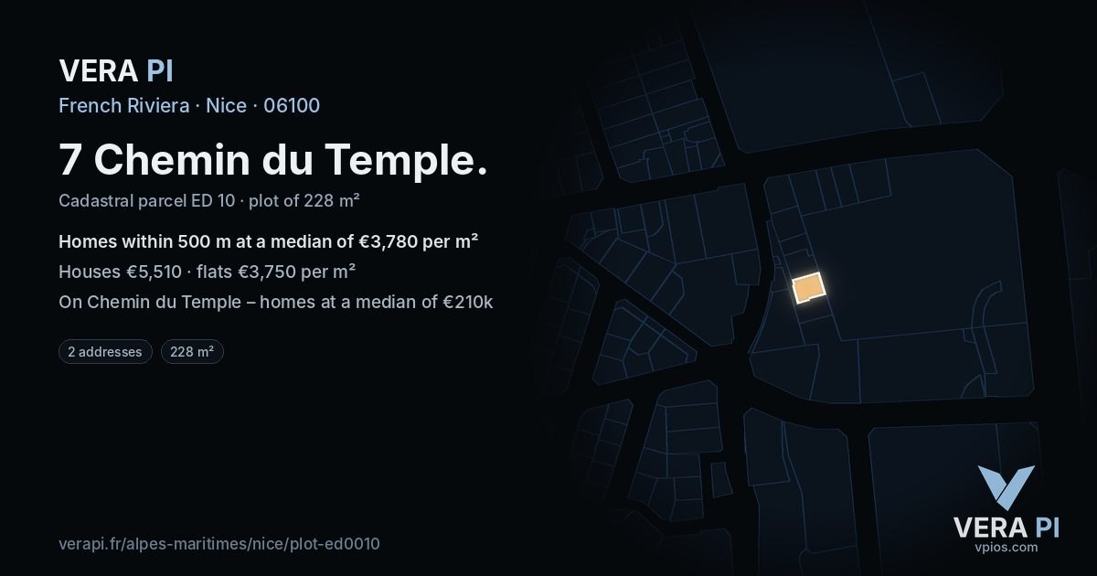 7 Chemin du Temple, Nice at night – the plot lit, the parcels around coloured by the prices near them