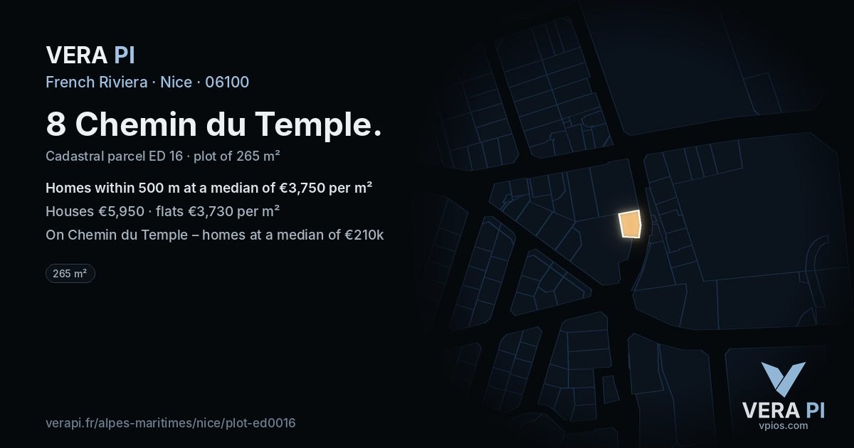 8 Chemin du Temple, Nice at night – the plot lit, the parcels around coloured by the prices near them