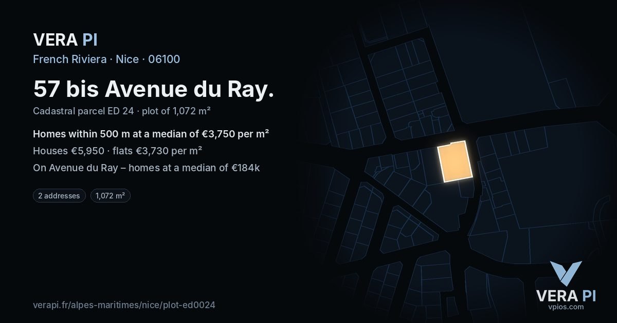 57 bis Avenue du Ray, Nice at night – the plot lit, the parcels around coloured by the prices near them