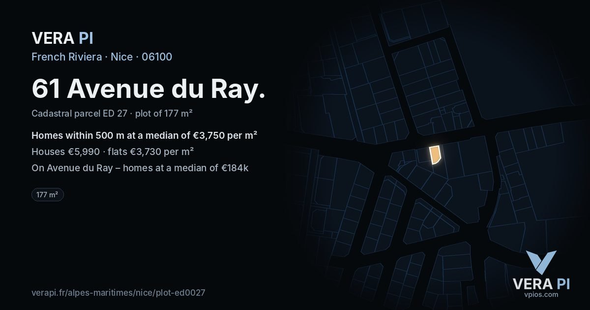 61 Avenue du Ray, Nice at night – the plot lit, the parcels around coloured by the prices near them