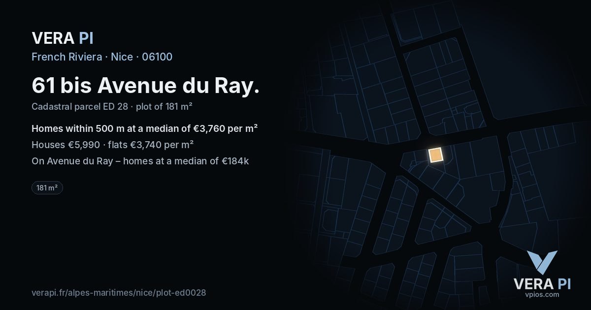 61 bis Avenue du Ray, Nice at night – the plot lit, the parcels around coloured by the prices near them