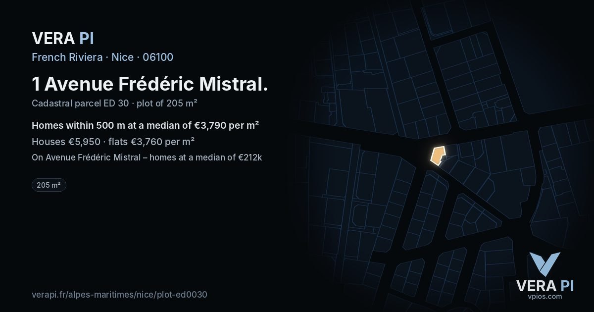 1 Avenue Frédéric Mistral, Nice at night – the plot lit, the parcels around coloured by the prices near them