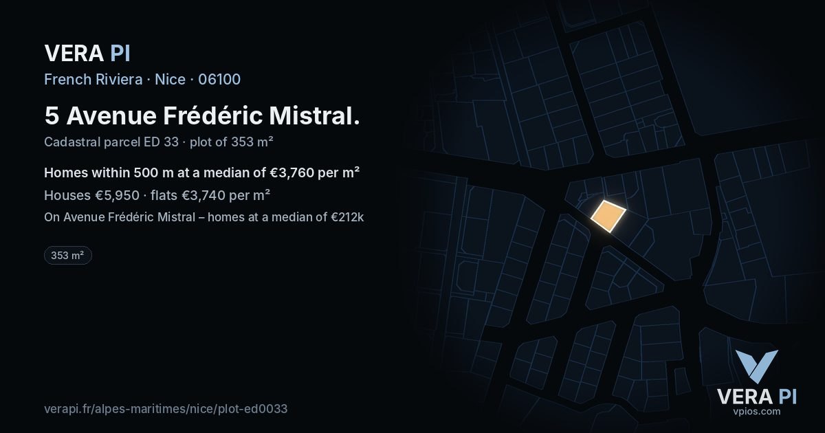 5 Avenue Frédéric Mistral, Nice at night – the plot lit, the parcels around coloured by the prices near them