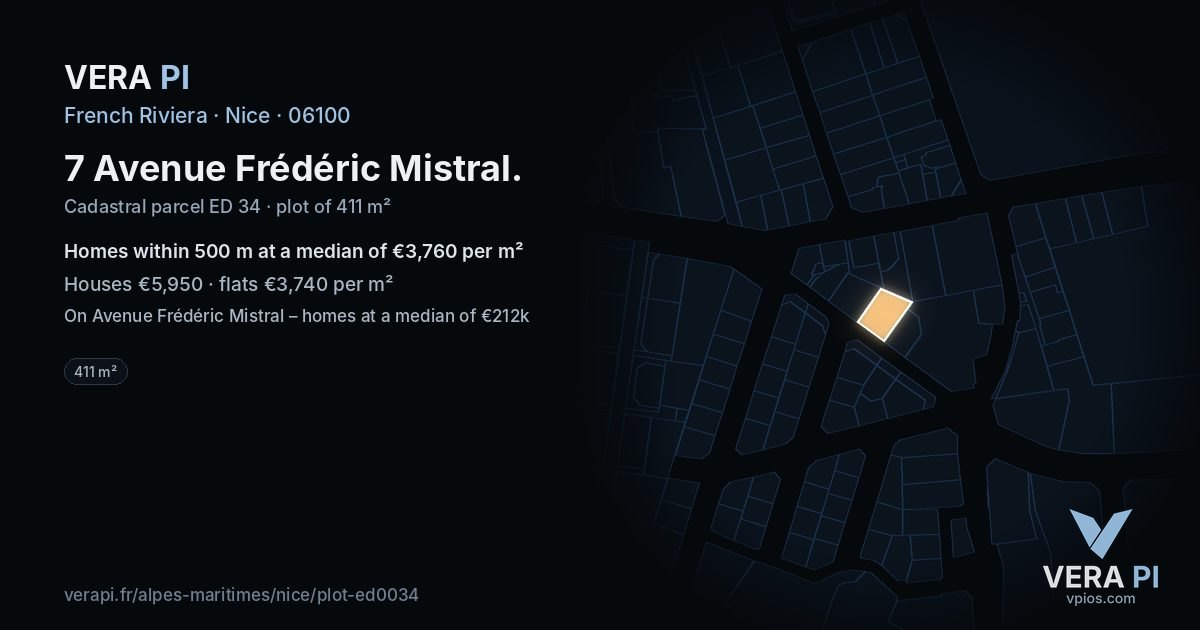 7 Avenue Frédéric Mistral, Nice at night – the plot lit, the parcels around coloured by the prices near them
