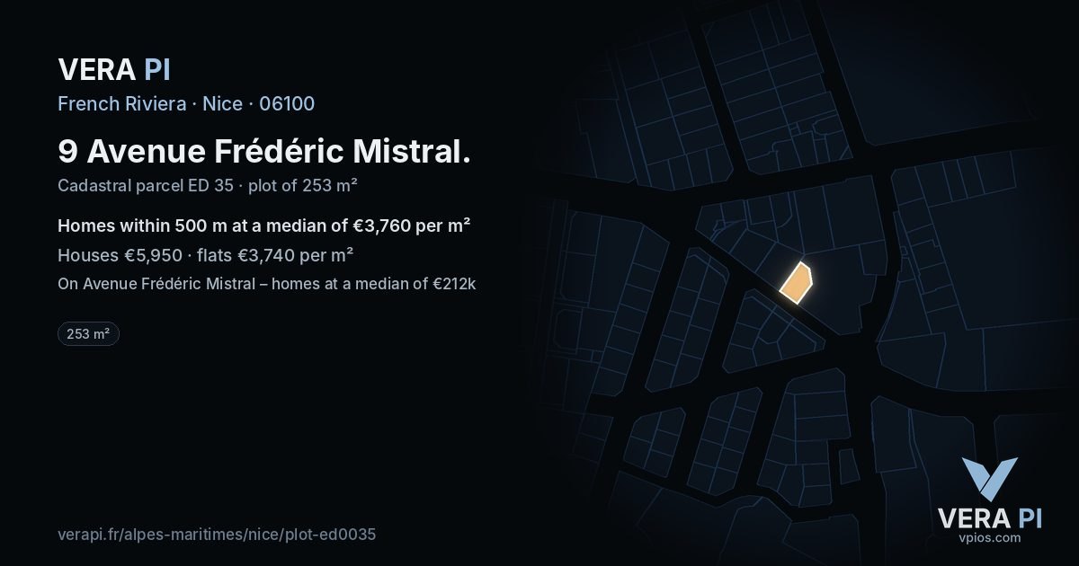 9 Avenue Frédéric Mistral, Nice at night – the plot lit, the parcels around coloured by the prices near them