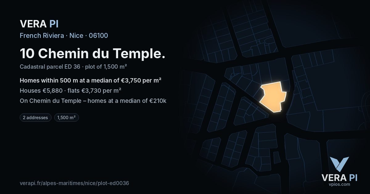 10 Chemin du Temple, Nice at night – the plot lit, the parcels around coloured by the prices near them