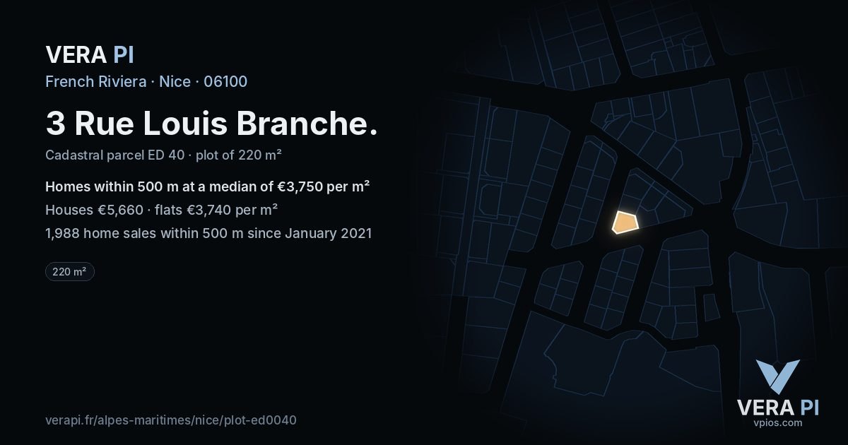 3 Rue Louis Branche, Nice at night – the plot lit, the parcels around coloured by the prices near them