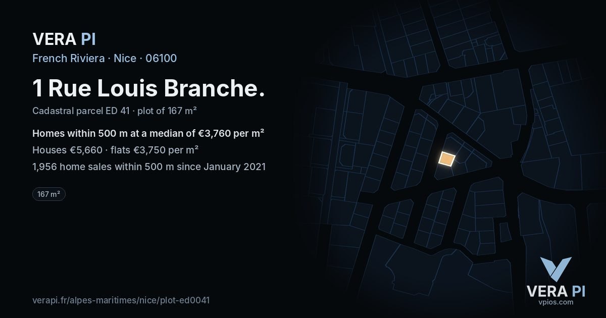 1 Rue Louis Branche, Nice at night – the plot lit, the parcels around coloured by the prices near them