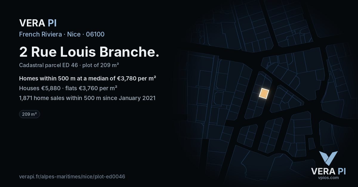 2 Rue Louis Branche, Nice at night – the plot lit, the parcels around coloured by the prices near them