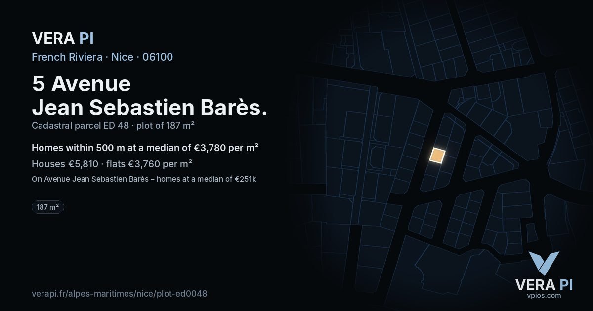 5 Avenue Jean Sebastien Barès, Nice at night – the plot lit, the parcels around coloured by the prices near them