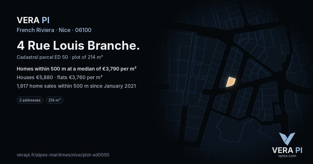 4 Rue Louis Branche, Nice at night – the plot lit, the parcels around coloured by the prices near them