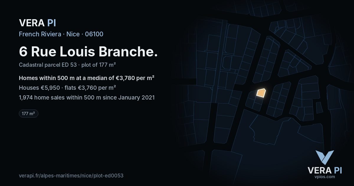 6 Rue Louis Branche, Nice at night – the plot lit, the parcels around coloured by the prices near them
