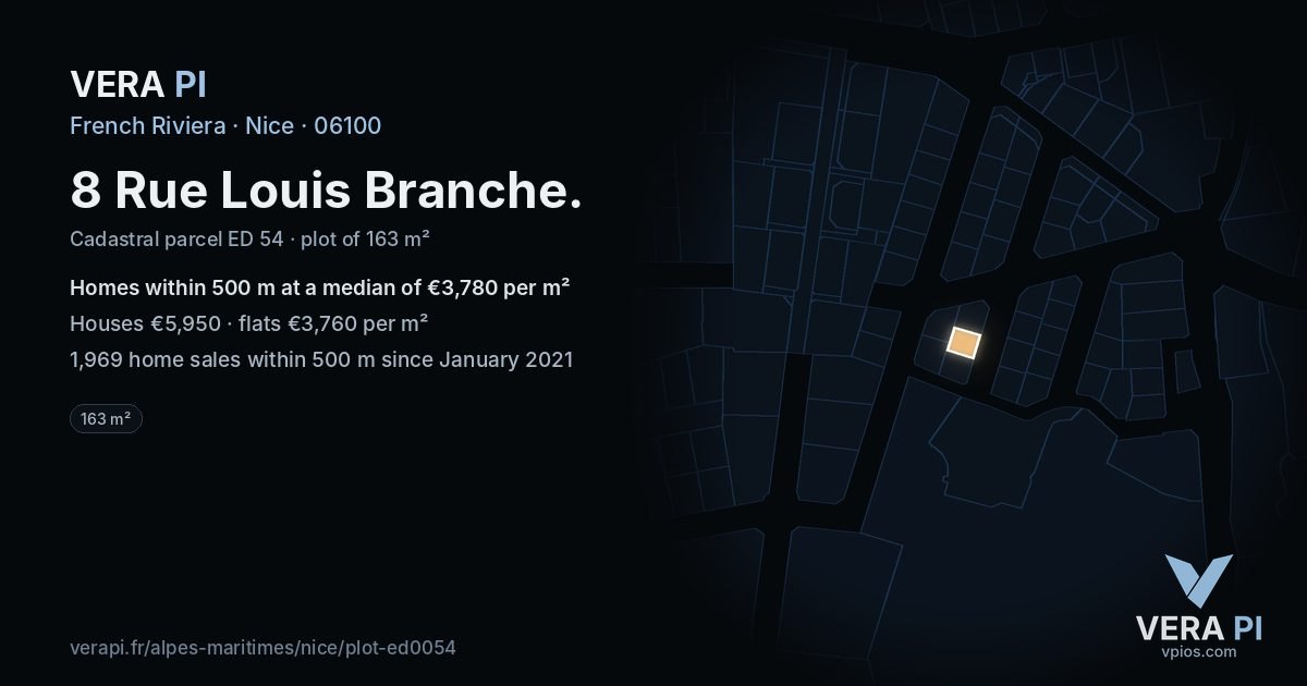 8 Rue Louis Branche, Nice at night – the plot lit, the parcels around coloured by the prices near them