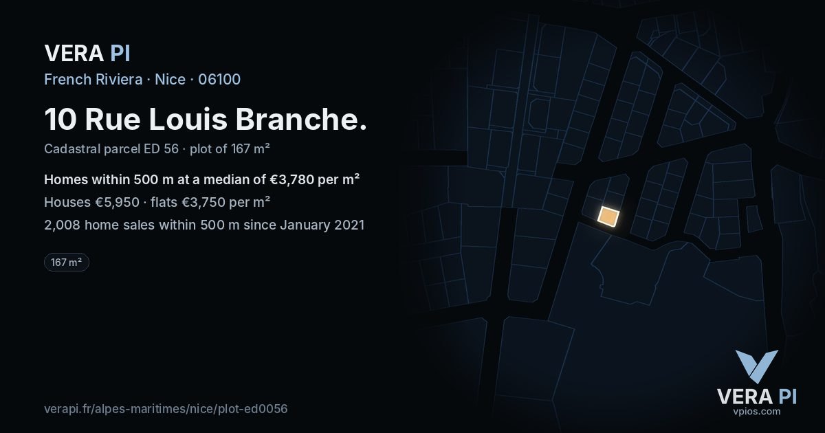 10 Rue Louis Branche, Nice at night – the plot lit, the parcels around coloured by the prices near them