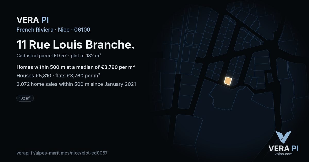11 Rue Louis Branche, Nice at night – the plot lit, the parcels around coloured by the prices near them