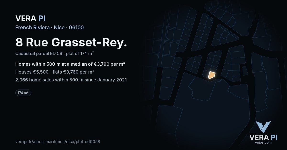 8 Rue Grasset-Rey, Nice at night – the plot lit, the parcels around coloured by the prices near them