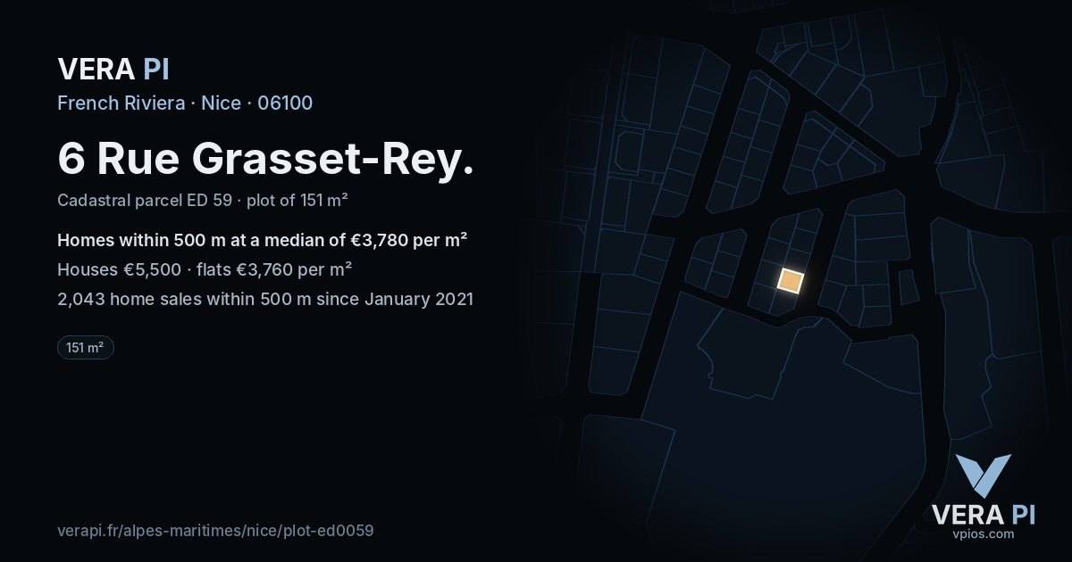 6 Rue Grasset-Rey, Nice at night – the plot lit, the parcels around coloured by the prices near them