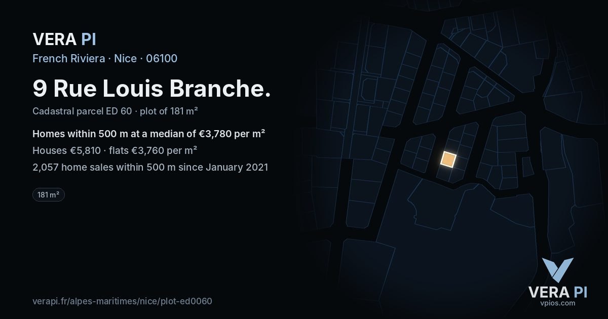 9 Rue Louis Branche, Nice at night – the plot lit, the parcels around coloured by the prices near them