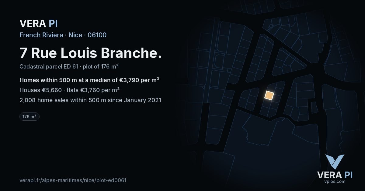 7 Rue Louis Branche, Nice at night – the plot lit, the parcels around coloured by the prices near them