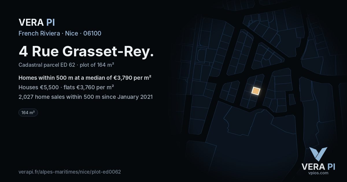 4 Rue Grasset-Rey, Nice at night – the plot lit, the parcels around coloured by the prices near them