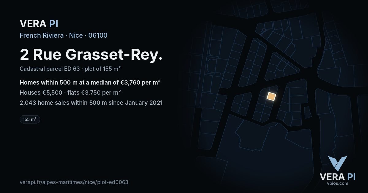 2 Rue Grasset-Rey, Nice at night – the plot lit, the parcels around coloured by the prices near them