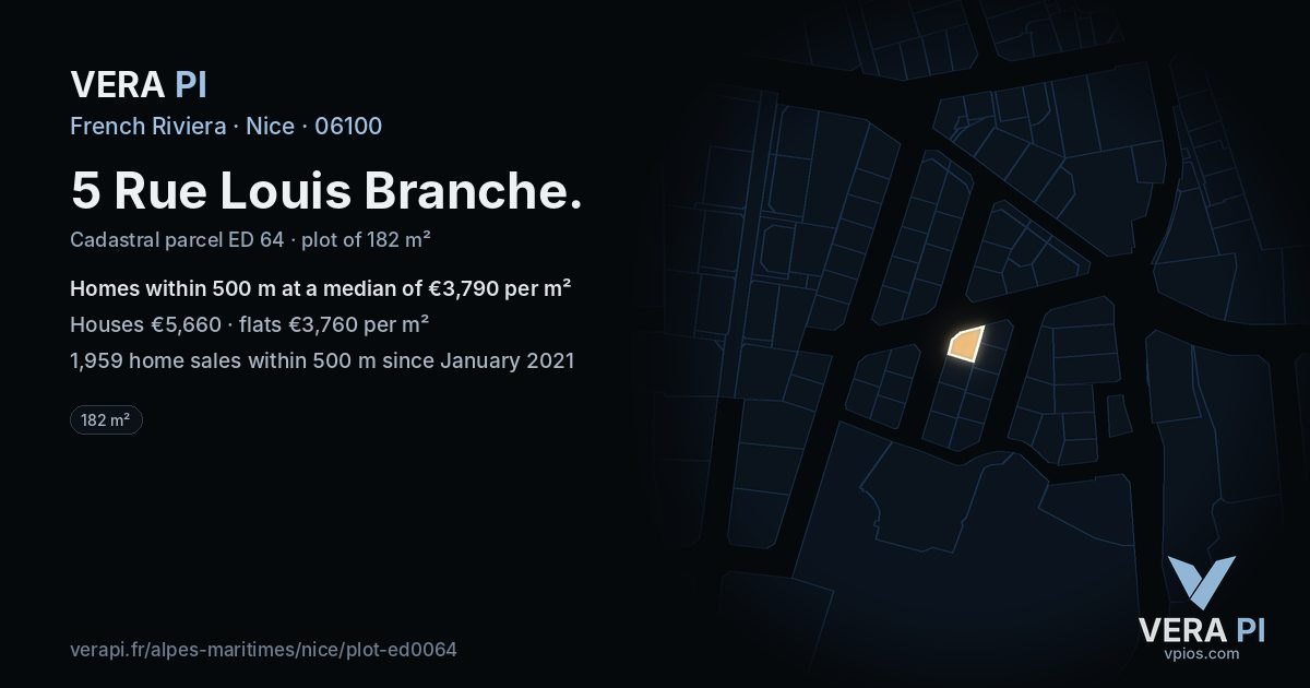 5 Rue Louis Branche, Nice at night – the plot lit, the parcels around coloured by the prices near them