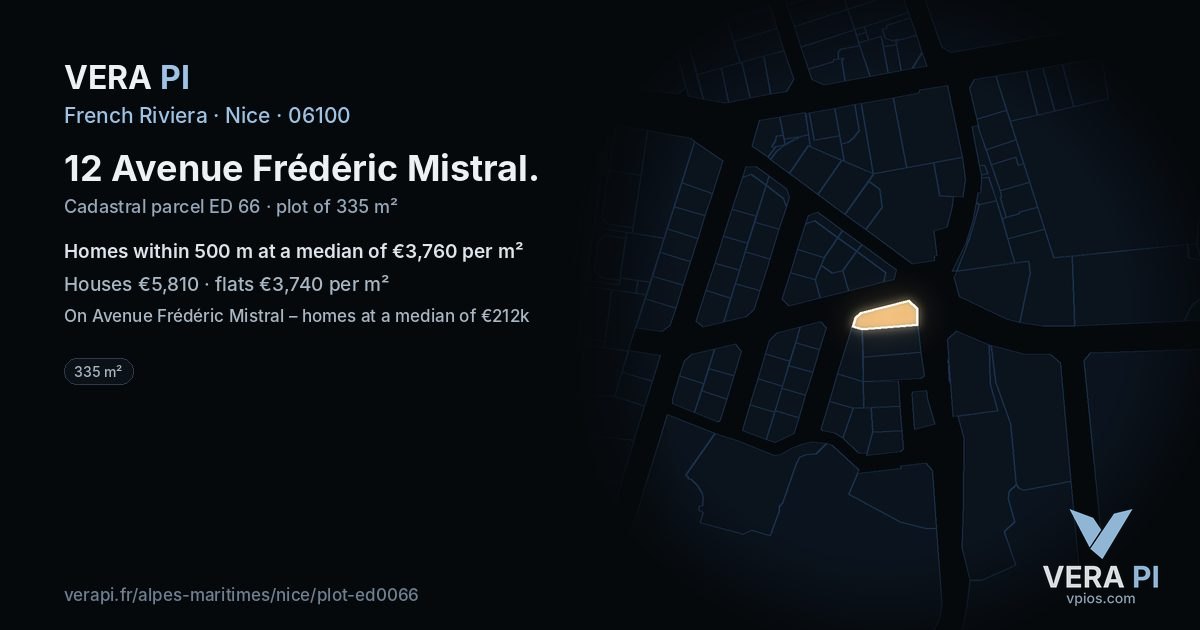 12 Avenue Frédéric Mistral, Nice at night – the plot lit, the parcels around coloured by the prices near them