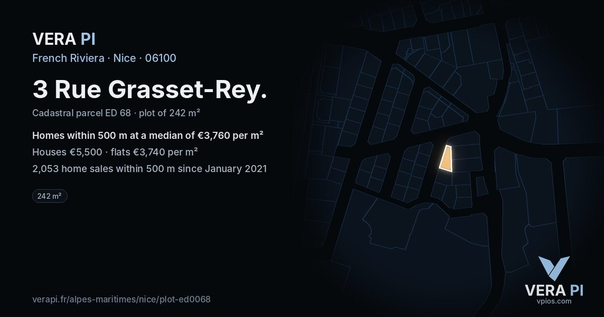 3 Rue Grasset-Rey, Nice at night – the plot lit, the parcels around coloured by the prices near them
