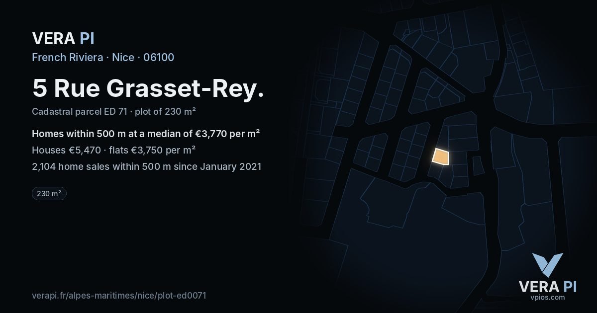 5 Rue Grasset-Rey, Nice at night – the plot lit, the parcels around coloured by the prices near them