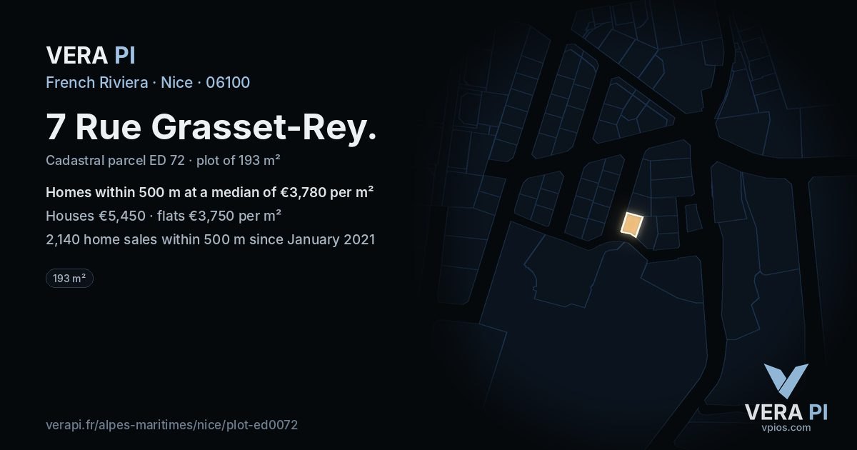 7 Rue Grasset-Rey, Nice at night – the plot lit, the parcels around coloured by the prices near them