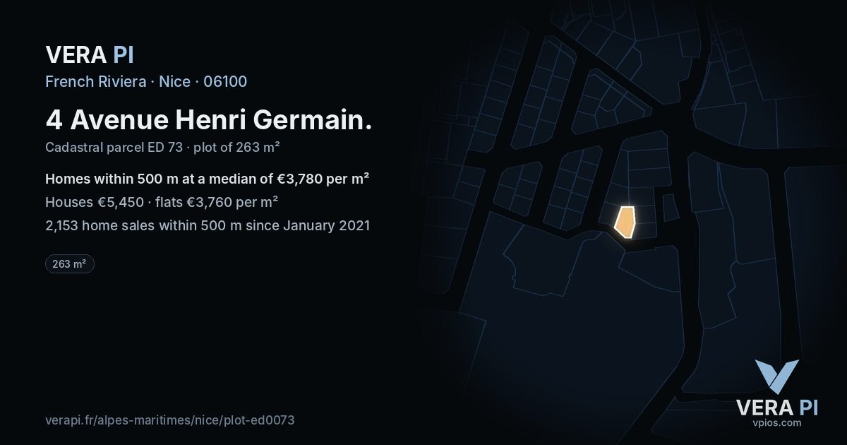 4 Avenue Henri Germain, Nice at night – the plot lit, the parcels around coloured by the prices near them