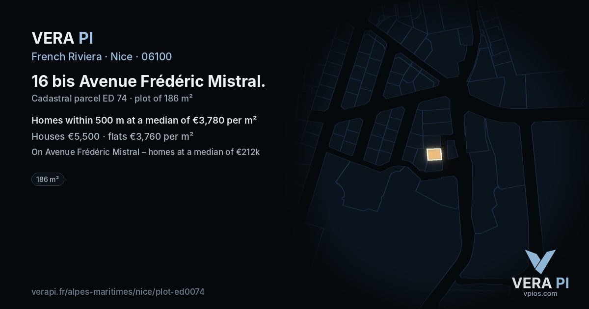 16 bis Avenue Frédéric Mistral, Nice at night – the plot lit, the parcels around coloured by the prices near them