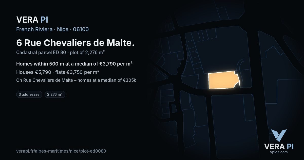 6 Rue Chevaliers de Malte, Nice at night – the plot lit, the parcels around coloured by the prices near them