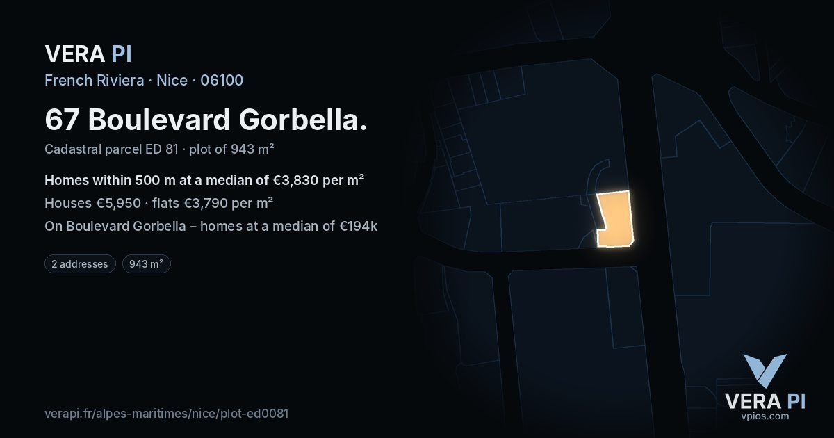 67 Boulevard Gorbella, Nice at night – the plot lit, the parcels around coloured by the prices near them