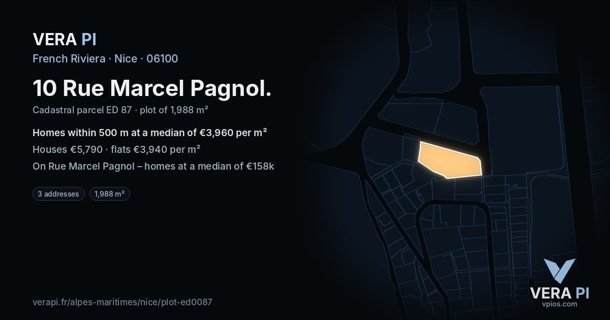 10 Rue Marcel Pagnol, Nice at night – the plot lit, the parcels around coloured by the prices near them