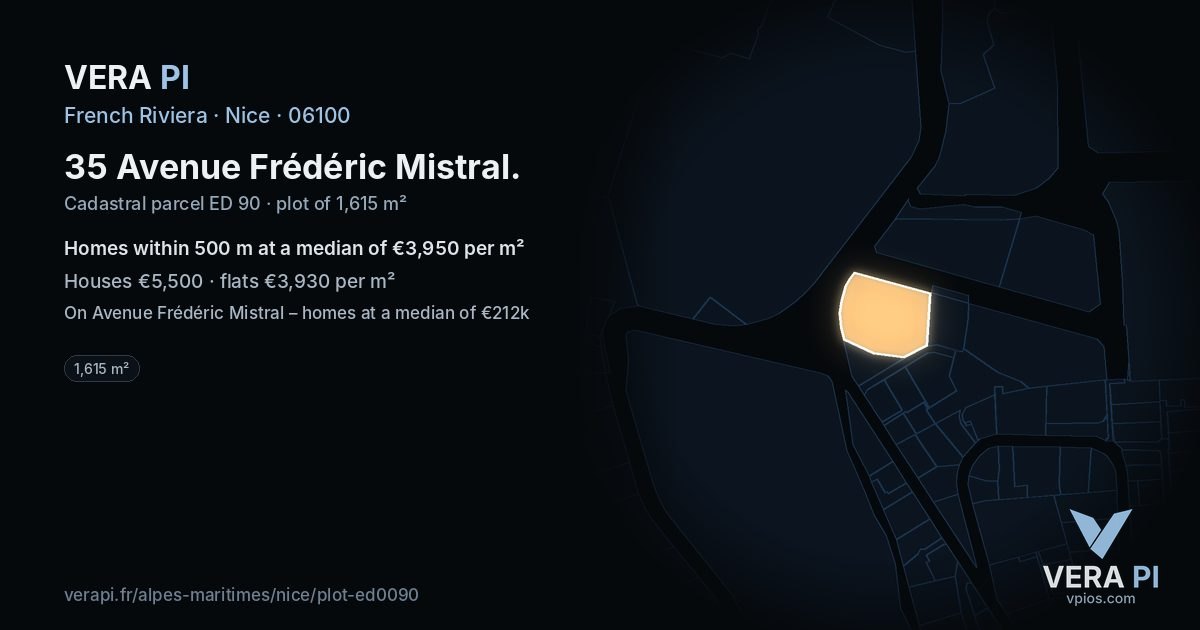 35 Avenue Frédéric Mistral, Nice at night – the plot lit, the parcels around coloured by the prices near them