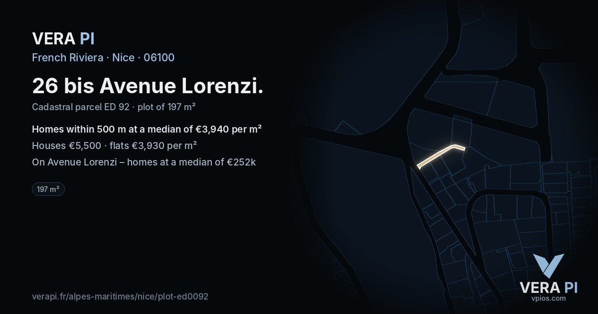 26 bis Avenue Lorenzi, Nice at night – the plot lit, the parcels around coloured by the prices near them