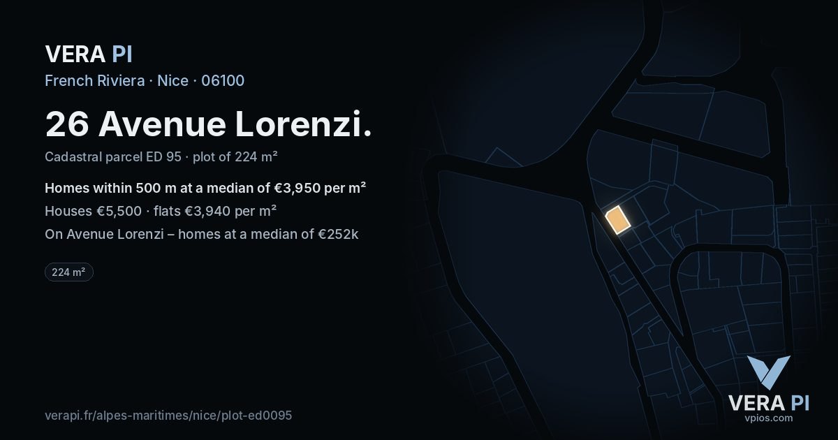 26 Avenue Lorenzi, Nice at night – the plot lit, the parcels around coloured by the prices near them