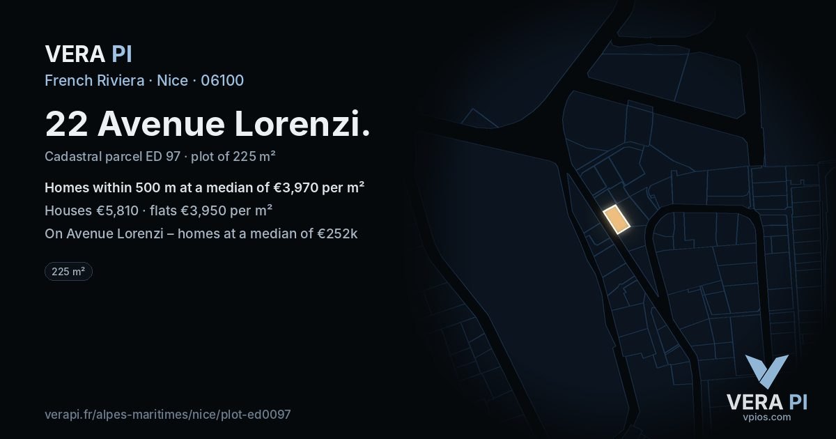 22 Avenue Lorenzi, Nice at night – the plot lit, the parcels around coloured by the prices near them
