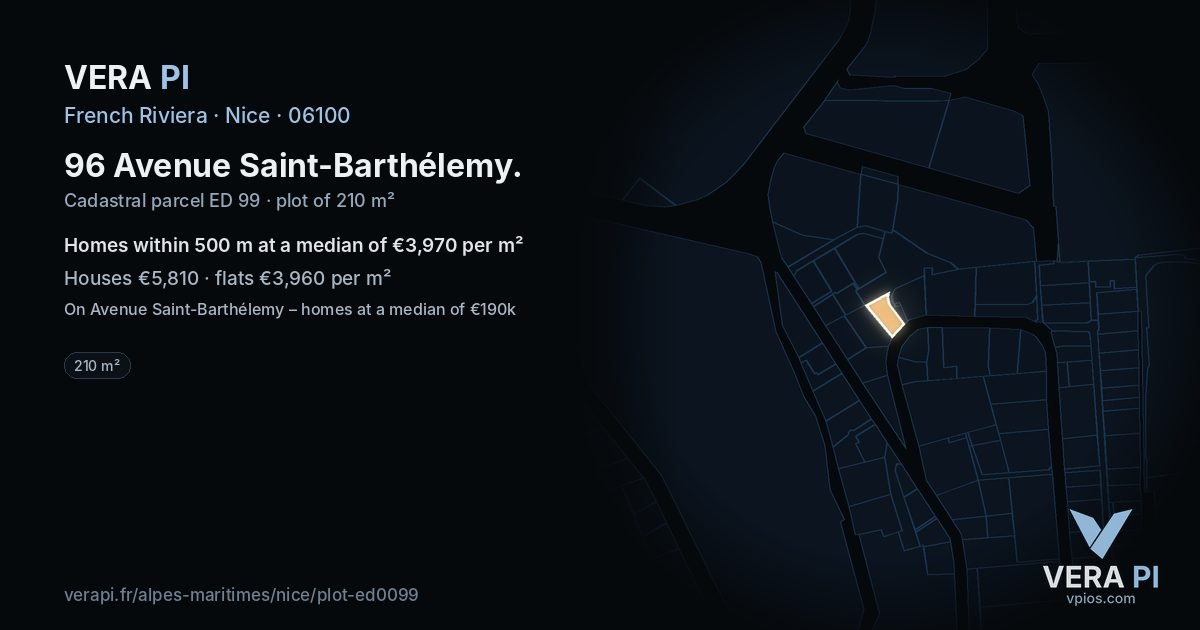 96 Avenue Saint-Barthélemy, Nice at night – the plot lit, the parcels around coloured by the prices near them