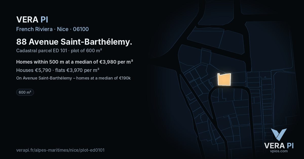 88 Avenue Saint-Barthélemy, Nice at night – the plot lit, the parcels around coloured by the prices near them