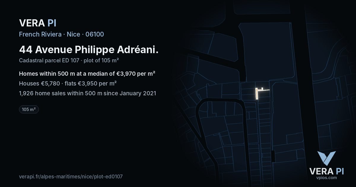 44 Avenue Philippe Adréani, Nice at night – the plot lit, the parcels around coloured by the prices near them