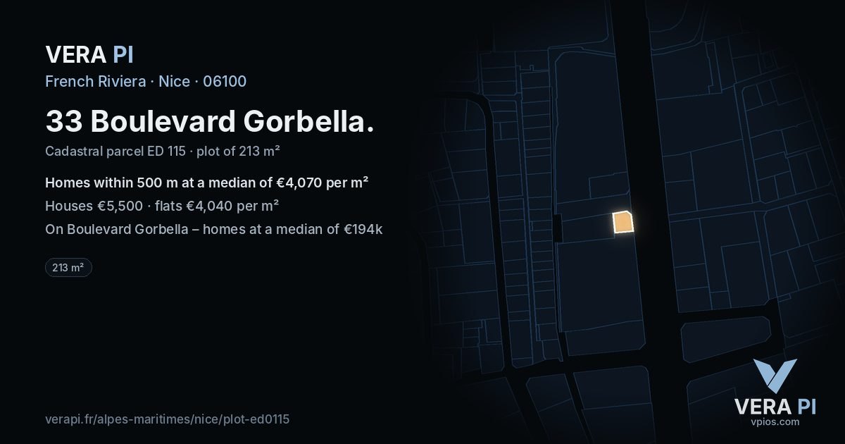33 Boulevard Gorbella, Nice at night – the plot lit, the parcels around coloured by the prices near them