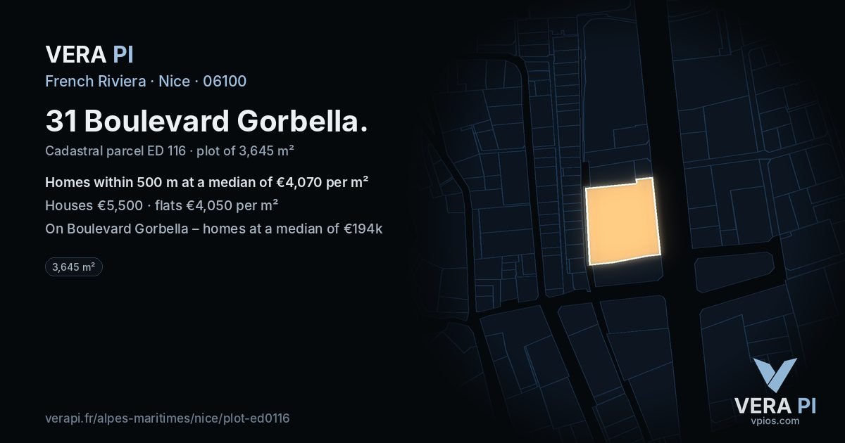 31 Boulevard Gorbella, Nice at night – the plot lit, the parcels around coloured by the prices near them