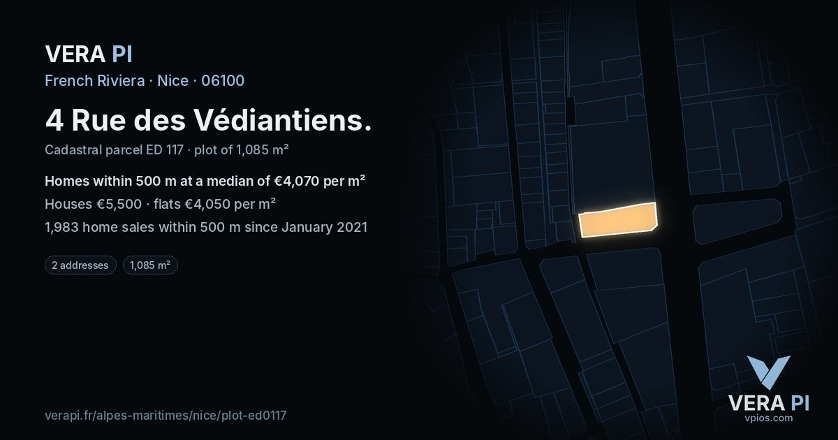 4 Rue des Védiantiens, Nice at night – the plot lit, the parcels around coloured by the prices near them