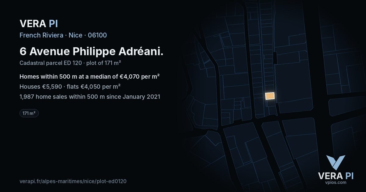 6 Avenue Philippe Adréani, Nice at night – the plot lit, the parcels around coloured by the prices near them